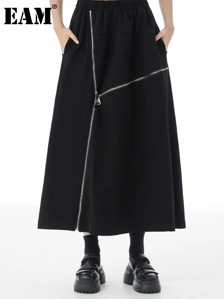 

[EAM] High Elastic Waist Black Zipper Irregular Design A-line Half-body Skirt Women Fashion Tide New Spring Autumn 2023 1DH2928