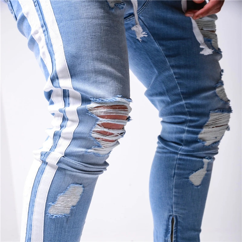 Men's Biker Cool Jeans Skinny Ripped Zip Cuff Fashion Trousers Classic Blue Grey High Quality Stretch Clothing Calça Masculina