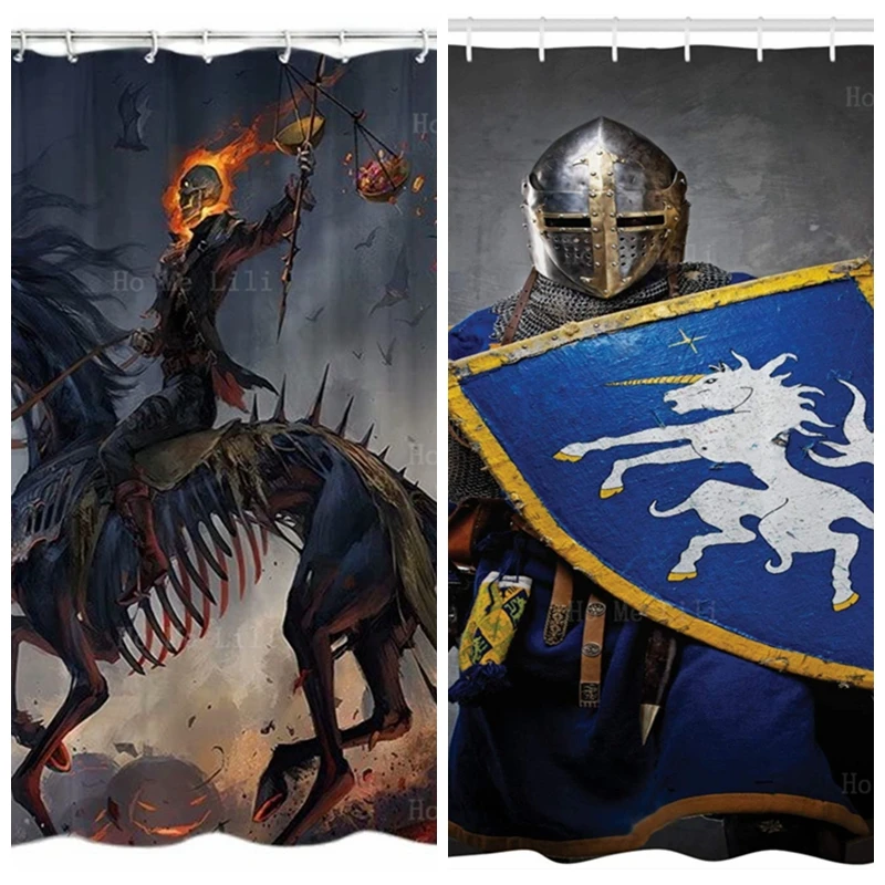 

Death Skeleton Unicorn And Grim Reaper Medieval Knight Holding Aged Old Shield Historical Theme Shower Curtain