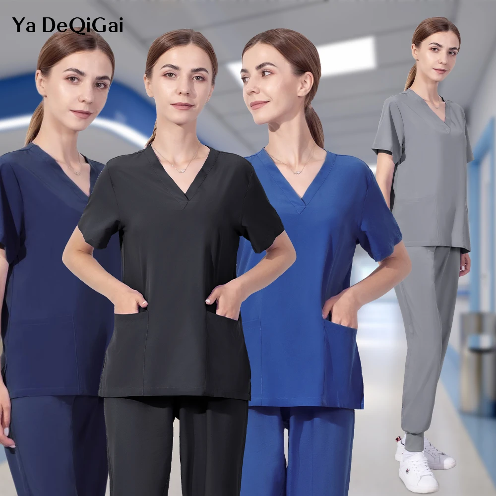 

2022 New Scrub Set Uniform Nurse Workwear Nursing Tops and Pants Solid Color Chlorine Bleach Resistance Heathered Working Suit