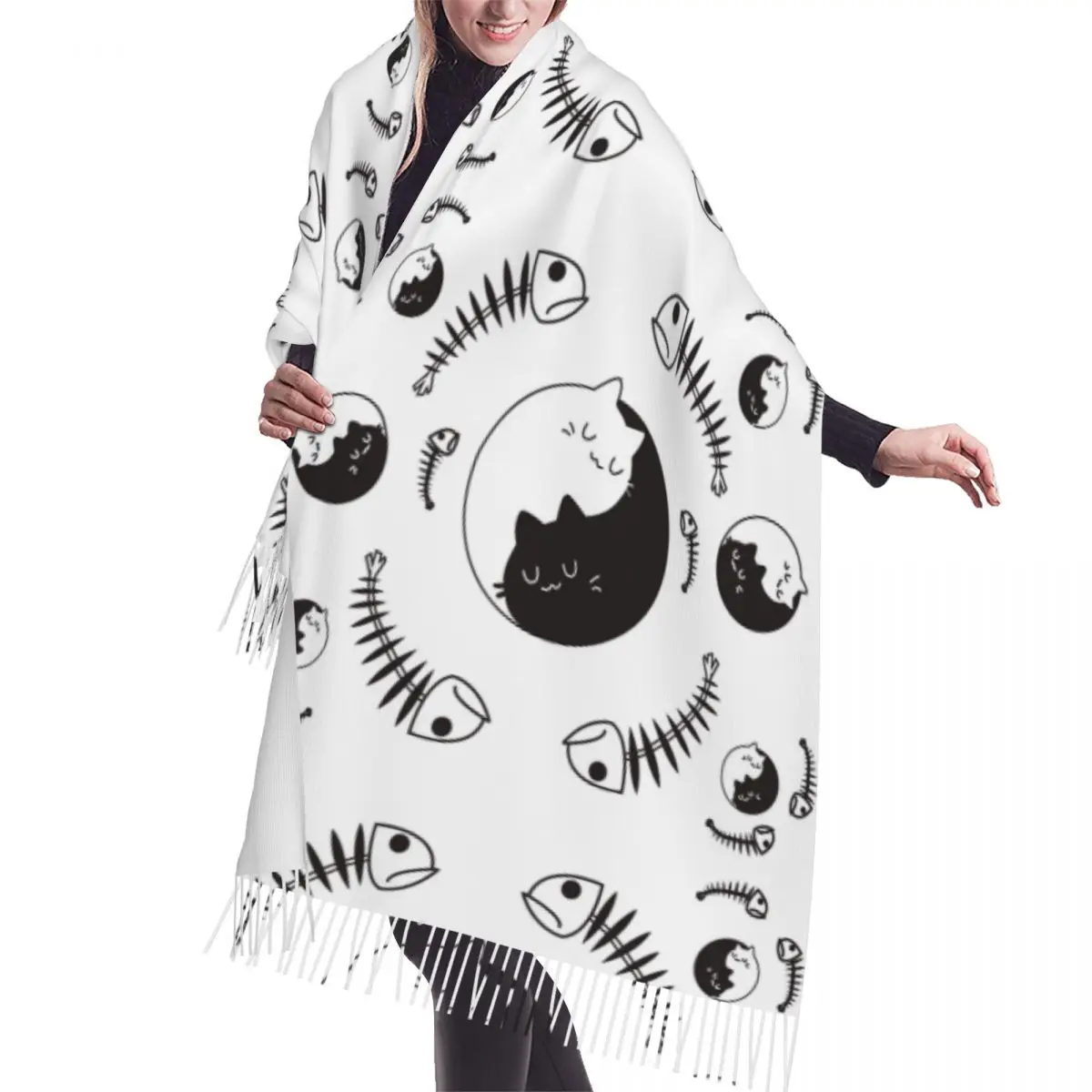 

Шарф с рисунком кошки, рыбьей кости, Инь Янь, белый и черный, зимние длинные большие шарфы с кисточками, мягкая Пашмина