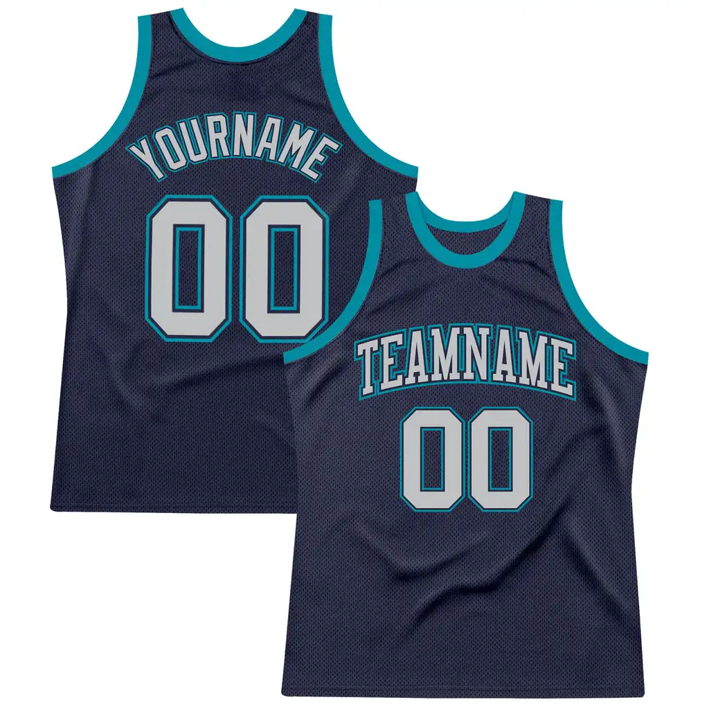 

Custom Navy Gray-Teal Authentic Throwback Basketball Team Shirts Designs