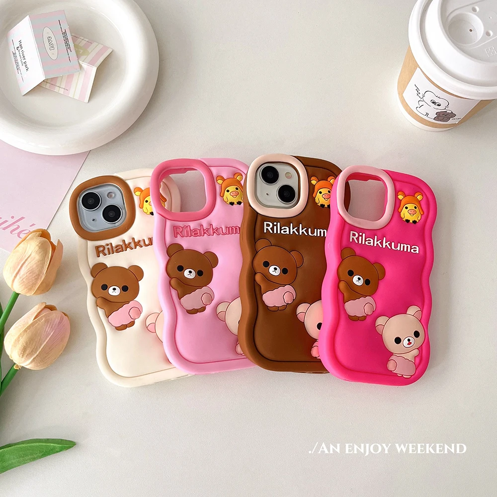 Волнистый 3D мультфильм рилаккума медведь чехол Мягкий силиконовый для iPhone 15 14 Plus