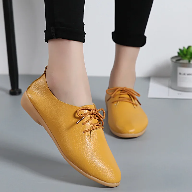

Flat Genuine Leather Shoes Women Casual Vulcanized Shoes Girls Moccasins Lace-up Pointed Toe Yellow Cute Shoes Ladies Loafers