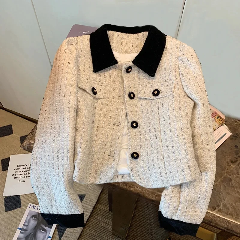 

Fashion Small Incense Tweed Short Jacket Women Spring Autumn Velvet Patchwork Lapel Collar Cropped Coats Design Luxury Outerwear