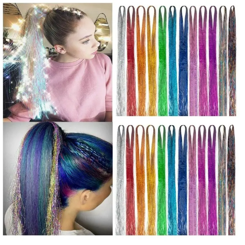 

Длинные блестящие 200 прядей длиной 90 см, блестящие радужные шелковые удлинители волос, ослепляющие женские хиппи для плетения волос