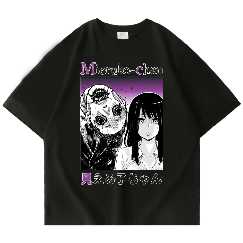 

Japanese Anime Mieruko Chan Miko Graphic Print T Shirt 90s Vintage Gothic Horror 100% Pure Cotton T-shirt Oversized Short Sleeve