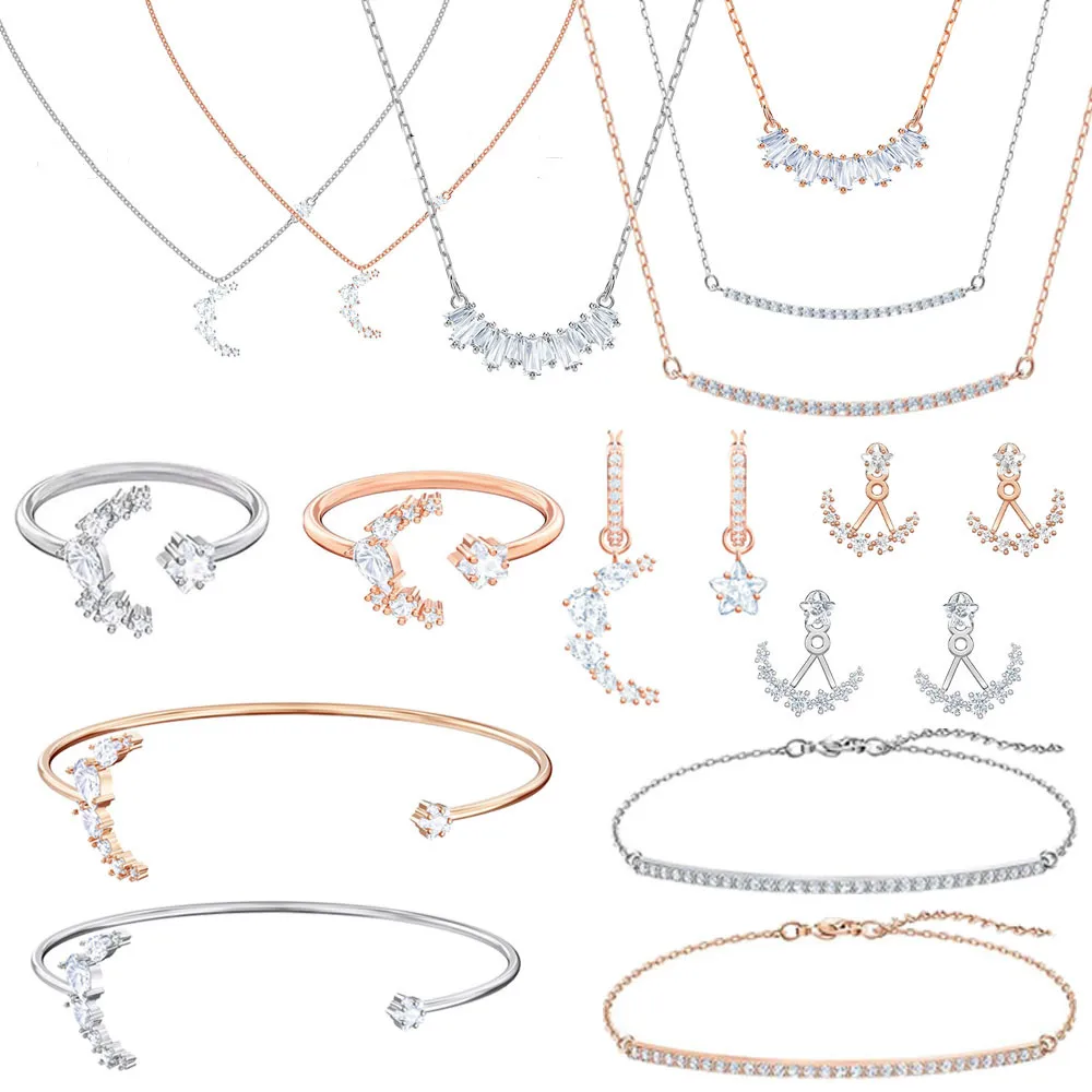 

SWA 1: 1 Fashion Jewelry Charm Geometric Star Moon Crystal Round Racket Necklace Earring Bracelet Set Series Romantic Gift Women