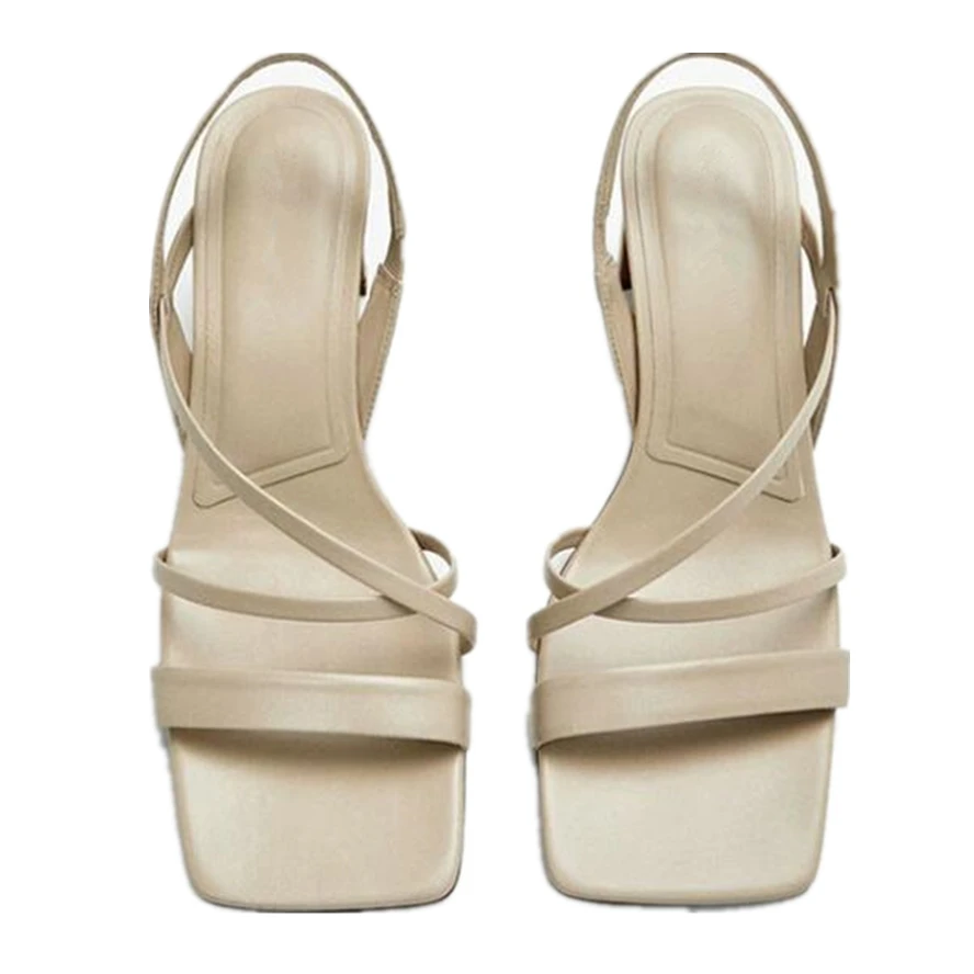 Dave&Di  French Fashion Ladies  Leather High-Heeled Commuter Sandals Beige Simple Casual Sandals Women  Summer