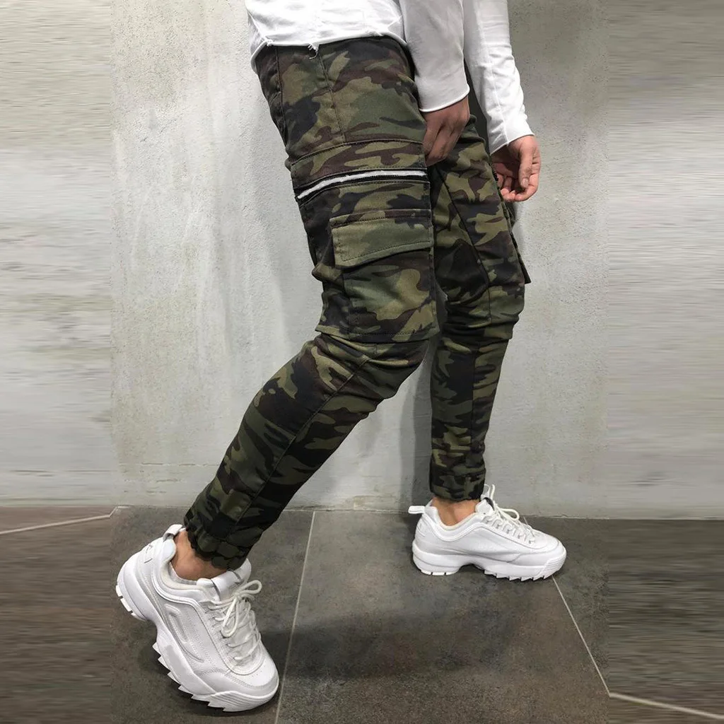 New Camouflage Cargo  Multi Pocket Mens Pants Small Feet Elastic Slim Fashion Camouflage Jeans for Men