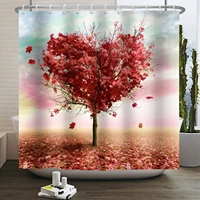 love heart tree shower curtain red falling leaves romantic design simple bathroom decor with hooks fabric polyester bath curtain