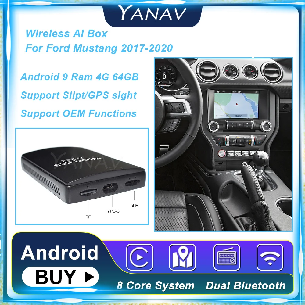 

Player With Android Auto Wireless Ai Box For Ford Mustang 2017-2020 Android 9 4G 64GB Smart Box Plug and Play AI Adapter Box