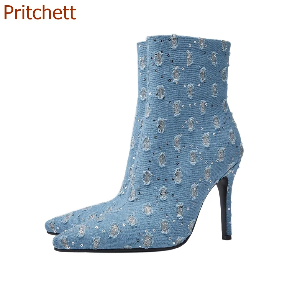 

Pointed Toe Woman Cowboy Boots Solid Blue Stiletto Heels Fashion Denim Mid Calf Embroider Zipper Comfortable Women Short Shoes