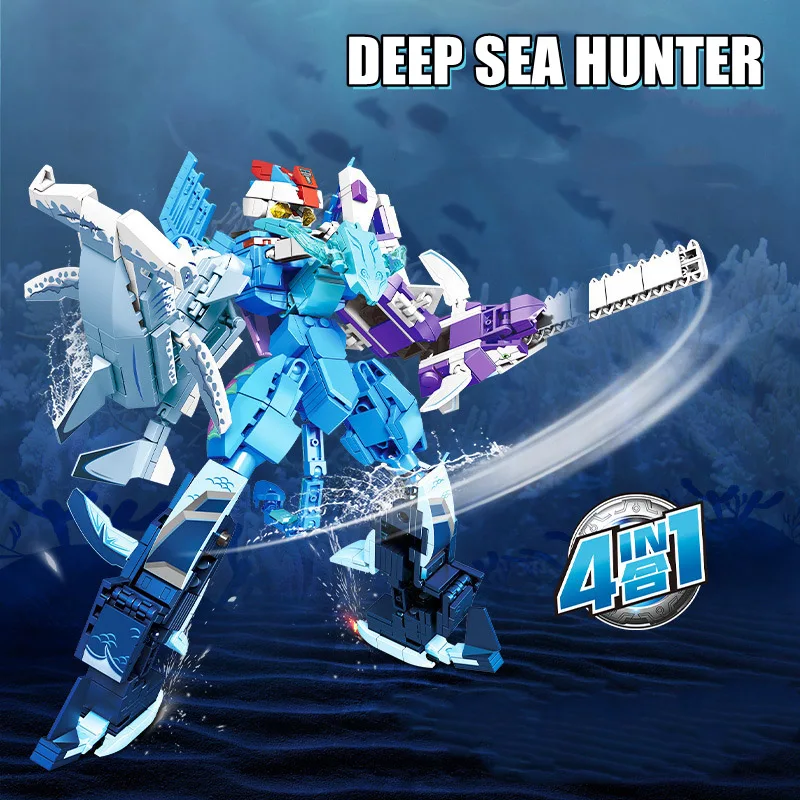 

2023 NEW 4IN1 Deep Sea Hunter Transforming Mecha Building Blocks Kits Creative Ocean Robot Bricks Assembly Toys Children Gifts