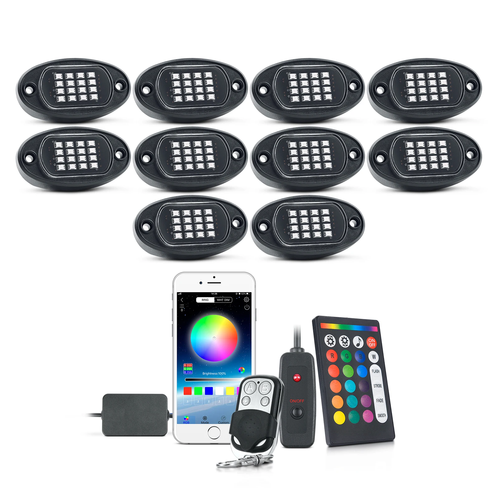 

10 Pods RGB LED Rock Lights with APP/Double RF Remote Control, Music Sync Multicolor Neon Underglow Lighting Kit Timing Flashing