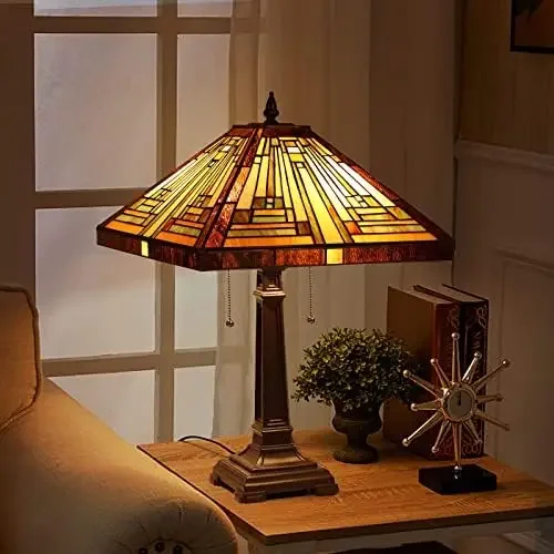 

Style Mission Style Tiffany Lamp 2-Light 16X16X24 Inches Amber Brown Stained Glass Desk Lamp Decor for Bedrooms Living Room Stu