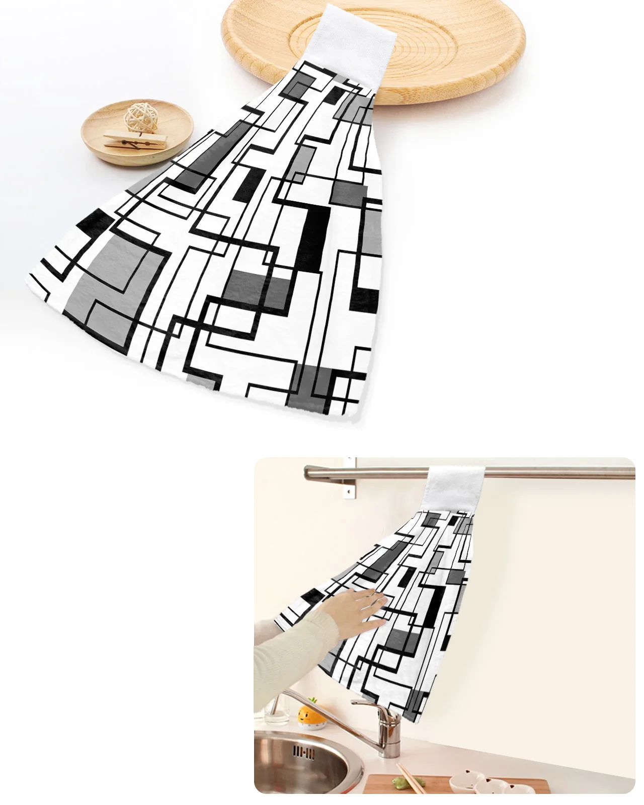 

Abstract Geometry Square Modern Art Black Grey Hand Towels Home Kitchen Bathroom Hanging Dishcloths Absorbent Custom Wipe Towel