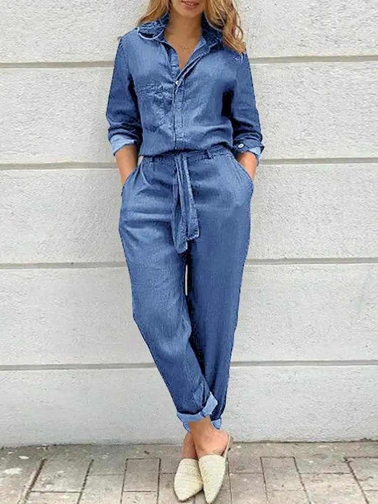 

VONDA Denim Jumpsuit Women Casual Long Sleeve Lapel Button Up Playsuits Autumn Loose Pantalon Office Overalls Pantalon Plus Size