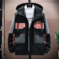 fashion hooded cargo jackets casual mens spring autumn korea youth patchwork coats streetwear tops clothing outdoor windbreaker
