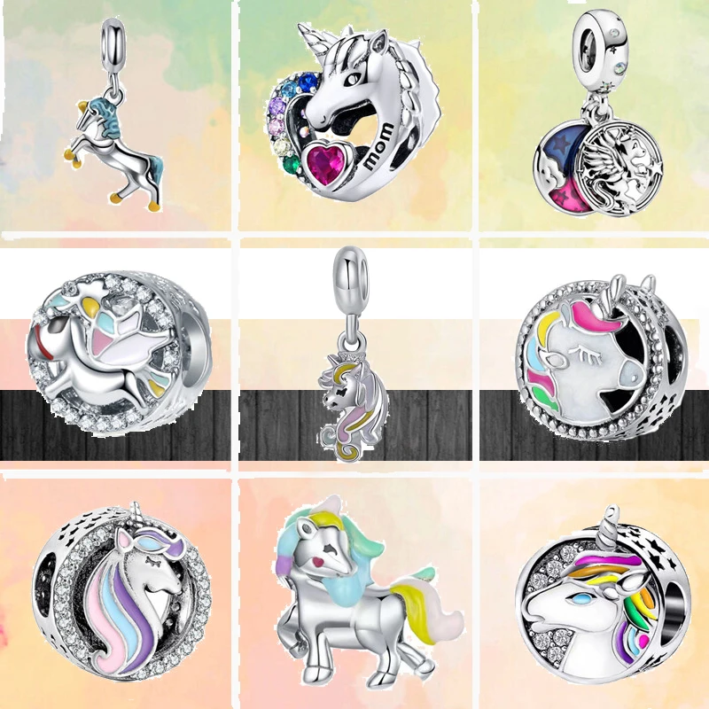 

2022 New Colorful Unicorn With Wings Zirconia Pendant DIY Beads Fit Original Pandora Charms Silver Color Bracelet Women Jewelry