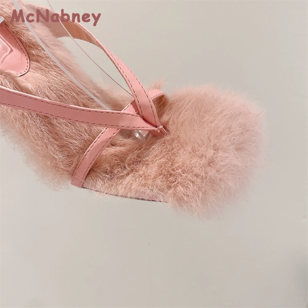 Summer Thin Heel Sandals Women Square Toe Fur Flip Sandals Wedding Dress Shoes Fashion Buckle Strap Stiletto Heels Peep Toe Sexy