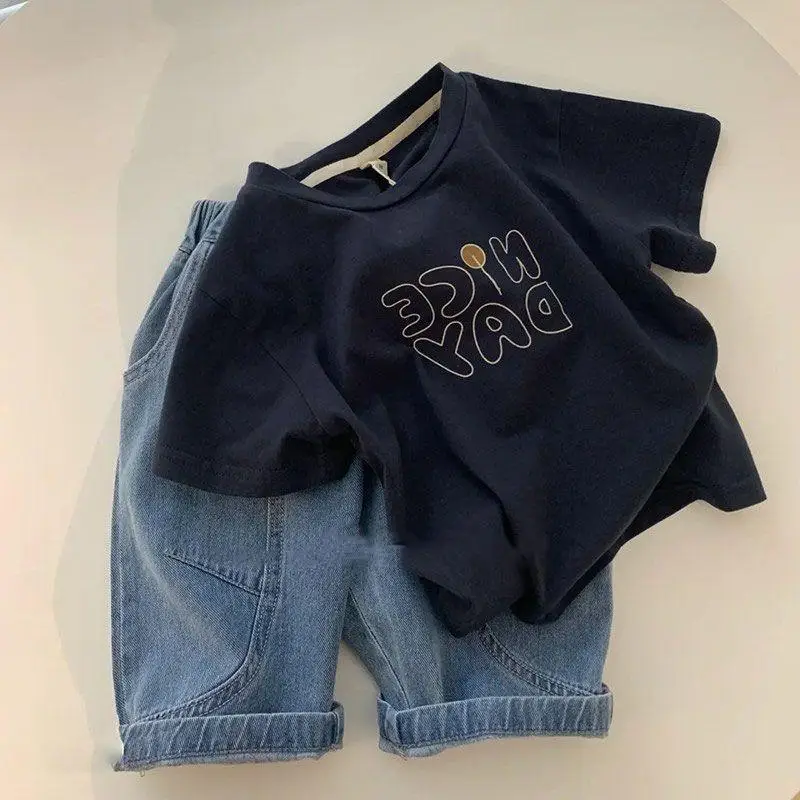 

2023of boys' summer clothes pure cotton short sleeve children's cool handsome leisure navy blue T-shirt baby match half sleeve