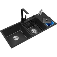 large size black kitchen sink with waste bin knife shelves holder and soap dispenser stainless steel 100x50cm set
