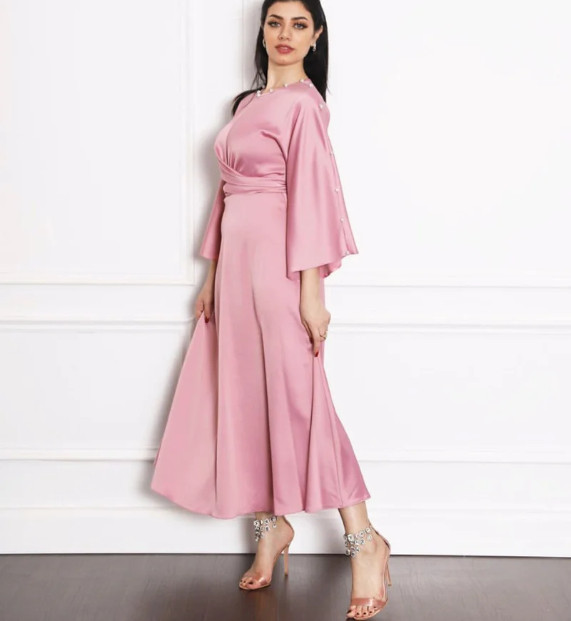 Muslim Women Wrap Front Maxi Dress Abaya Soft Satin Elegant Long Sleeve Belted Long Dress Islam Arab Dubai Turkey Clothes