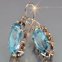 luxury oval sea blue zircon crystal earrings classic fashion gold color metal hollow bridal wedding dangle earrings for women