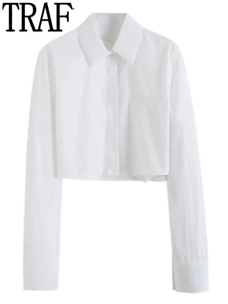 

TRAF White Crop Top Female Collared Cropped Shirt Woman Long Sleeve Button Up Shirt Women Streetwear Women's Shirts And Blouses