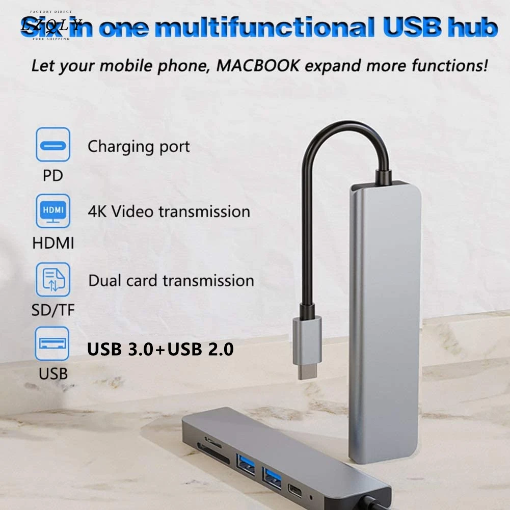 

Usb-концентратор 6 в 1, алюминиевый Портативный адаптер для ноутбука, Notebookmacbook, Xiaomi, Usb c, 4k, Hdmi, Pd, Tf/sd, кардридер Rj45