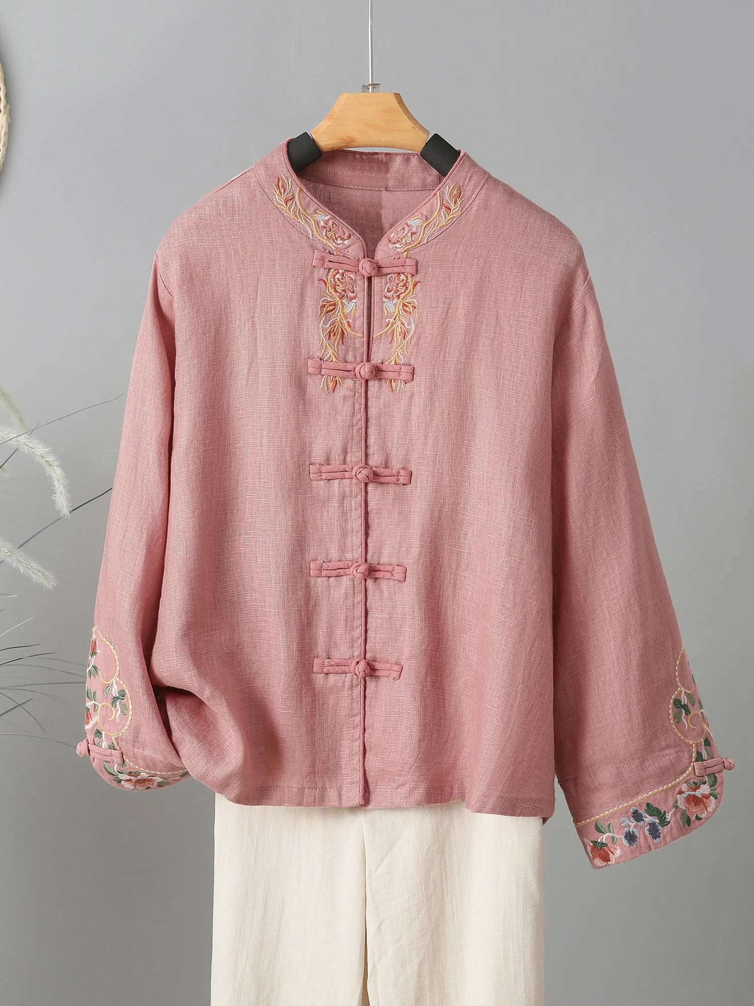 Рубашки из хлопка и льна с вышивкой в китайском стиле женская осенняя одежда