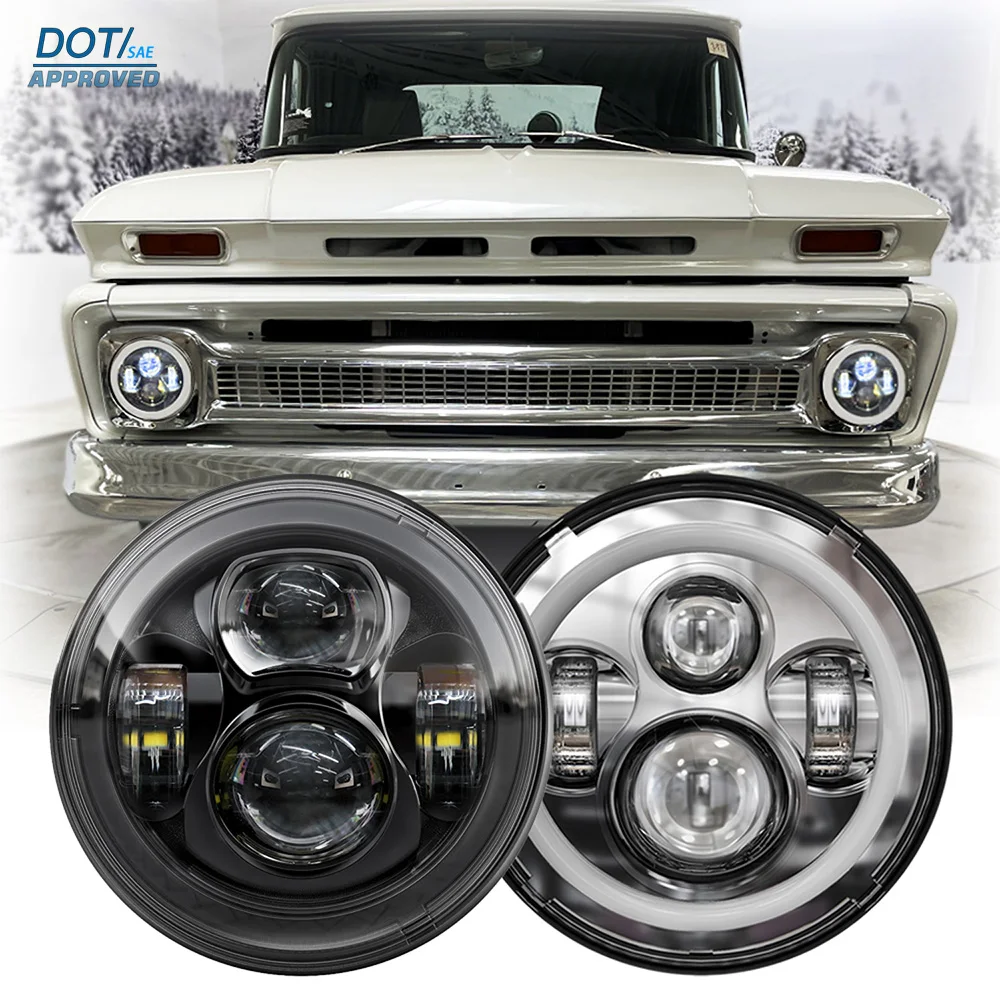 Фото Светодиодная фара DOT E24 для Chevrolet C/G 10 20 30 Pickup Van 1960-1987, двухрежимная (ближний/дальний свет), с указателем поворота и ДХО, H6024, 7-дюймовый круглый световой модуль №1
