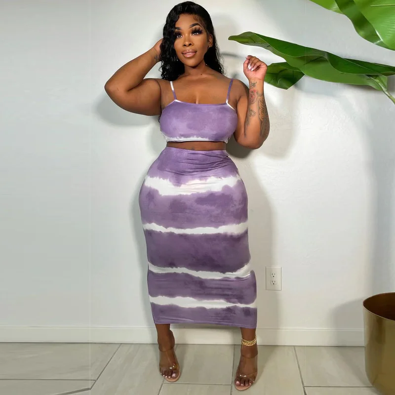 

WUHE Stripe Print Two Piece Summer Dress Suits Spaghetti Strap Crop Top Slim Midi Skirt Set Women Fashion Outfits