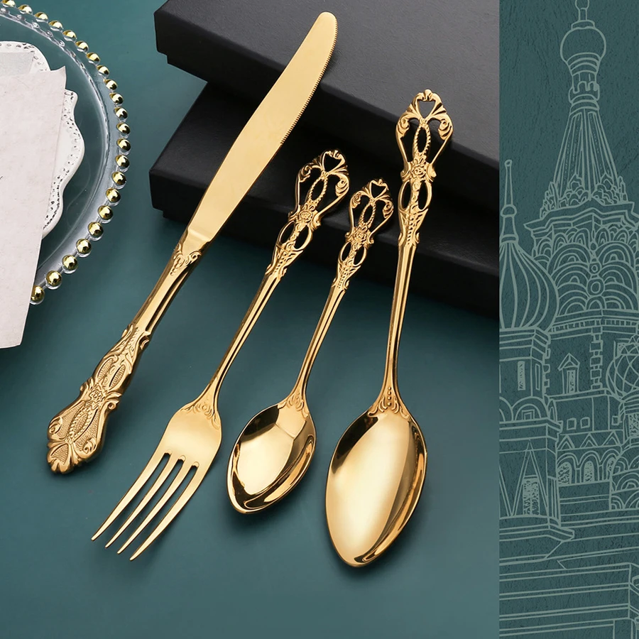 

24pcs Cutlery Set Gold Dinnerware Stainless Steel Royal Spoon Forks Knives Kitchen Western Dinner Silverware Tableware Gift