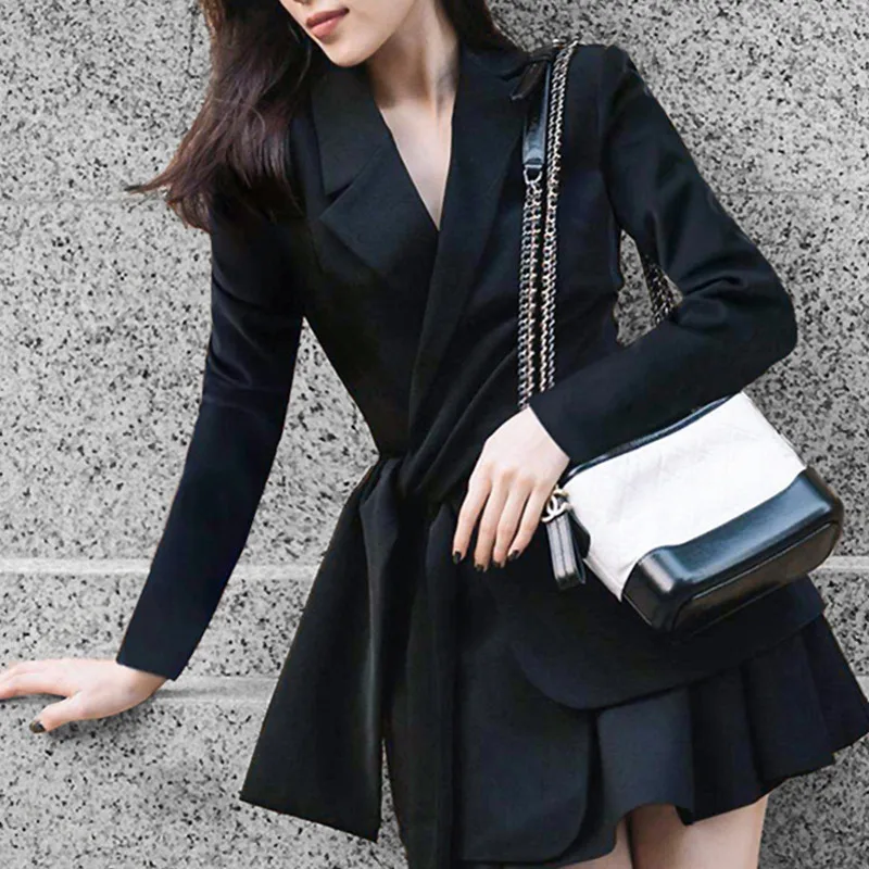 2021 Autumn and Spring Women's Fashion Casual Lapel Black High Waist Slim Temperament Long-sleeved Bow Blazer Skirt Women New
