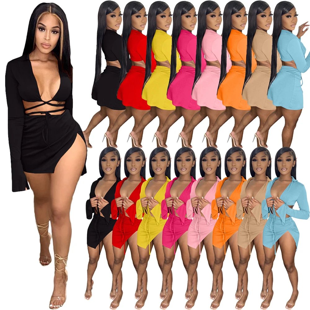 

Women Clothing Beachwear Bandage Skirt Two Piece Set Long Sleeve Sexy V Neck Crop Top and Mini Skirt Two Piece Set Women Outfits
