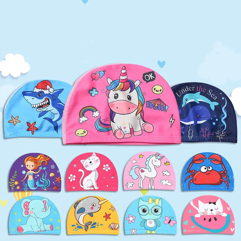 

Summer Swimming Cap for Kids Cute Cartoon Unicorn Kitten Elephant Swimming Cap Waterproof Protective Ear Beanie for Children