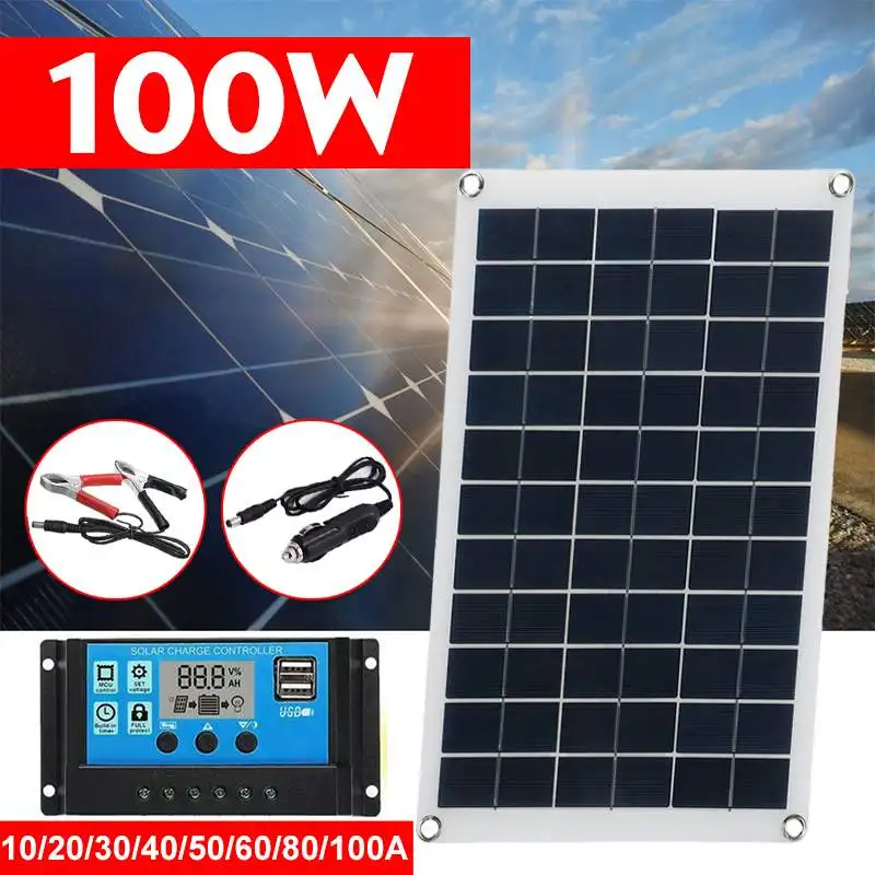 

New 100W Solar Panel Kit 12V Battery Charger 10-100A LCD Display Controller For Caravan Van Boat Outdoor Camping 9 Types