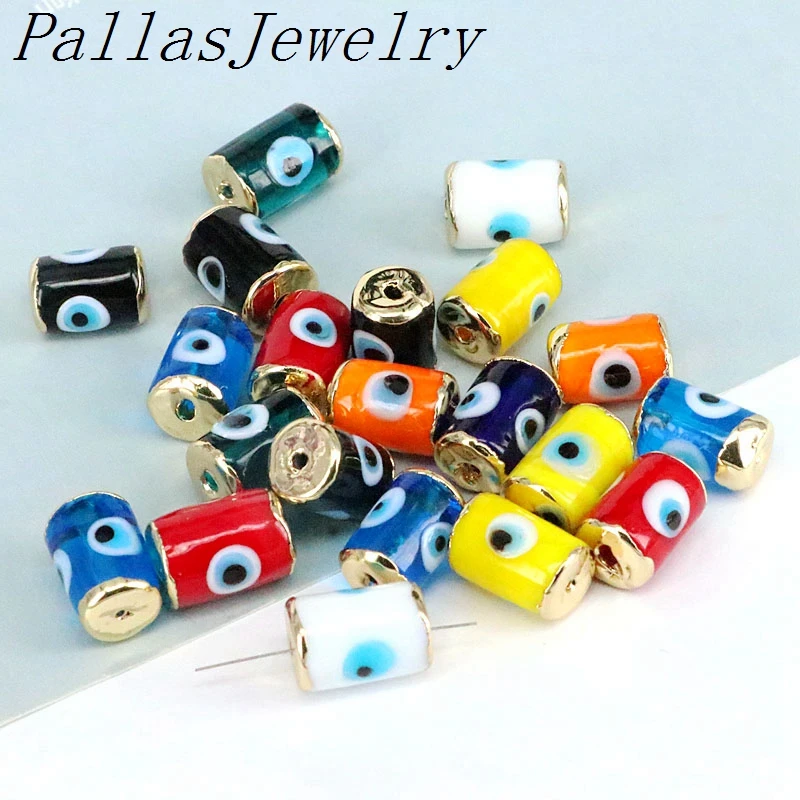 

20Pcs Lampwork Glass Eye beads, Gold Plated Cylindrical Heart shape Rondelle spacer beads, DIY jewelry crafts accessories