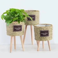 flower pot with legs wooden flower stand straw woven flower basket modern home living room decoration simple pastoral decoration