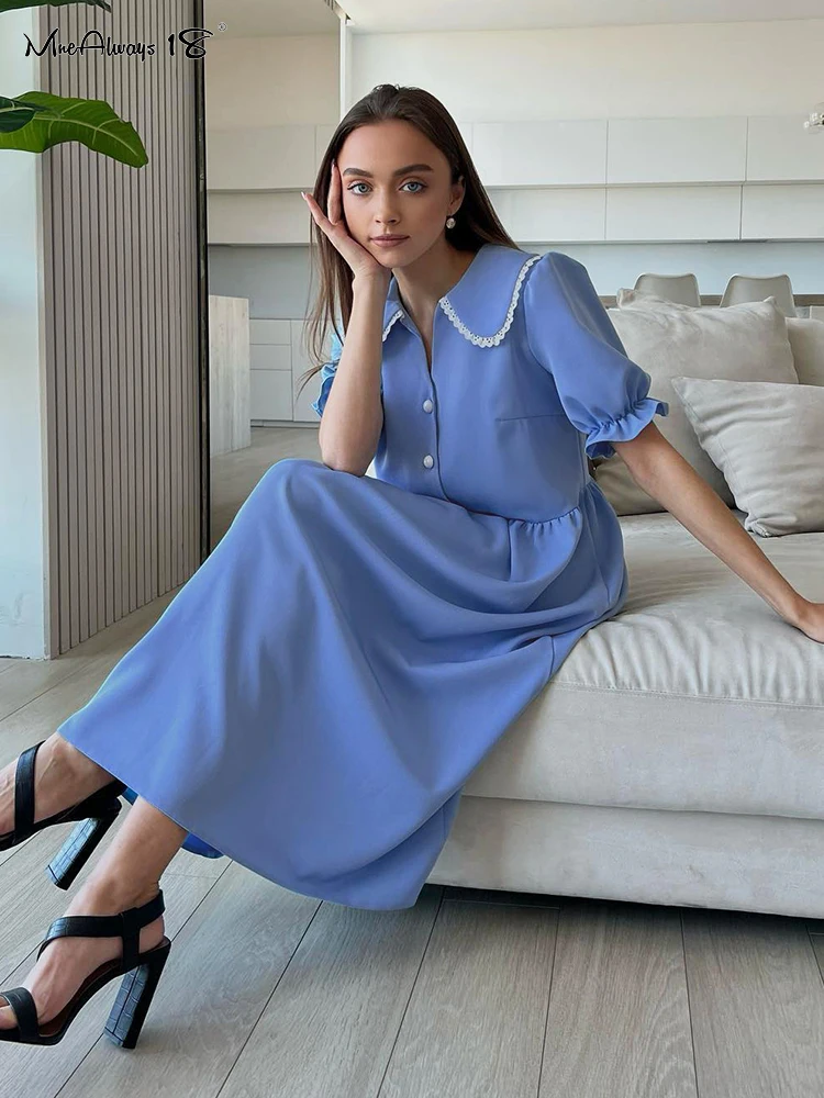 

Mnealways18 Elegant Blue Midi Dress Puff Sleeve Women Casual Frill Lace Peter Pan Collar Dress Female Ruffle Summer Office Dress