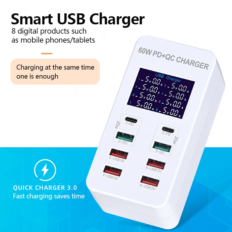 

8 Ports USB Charger Adapter 60W PD Fast Charger For Phone Charging For Iphone Samsung Xiaomi Tablet Quick Mobile Charger QC 3.0