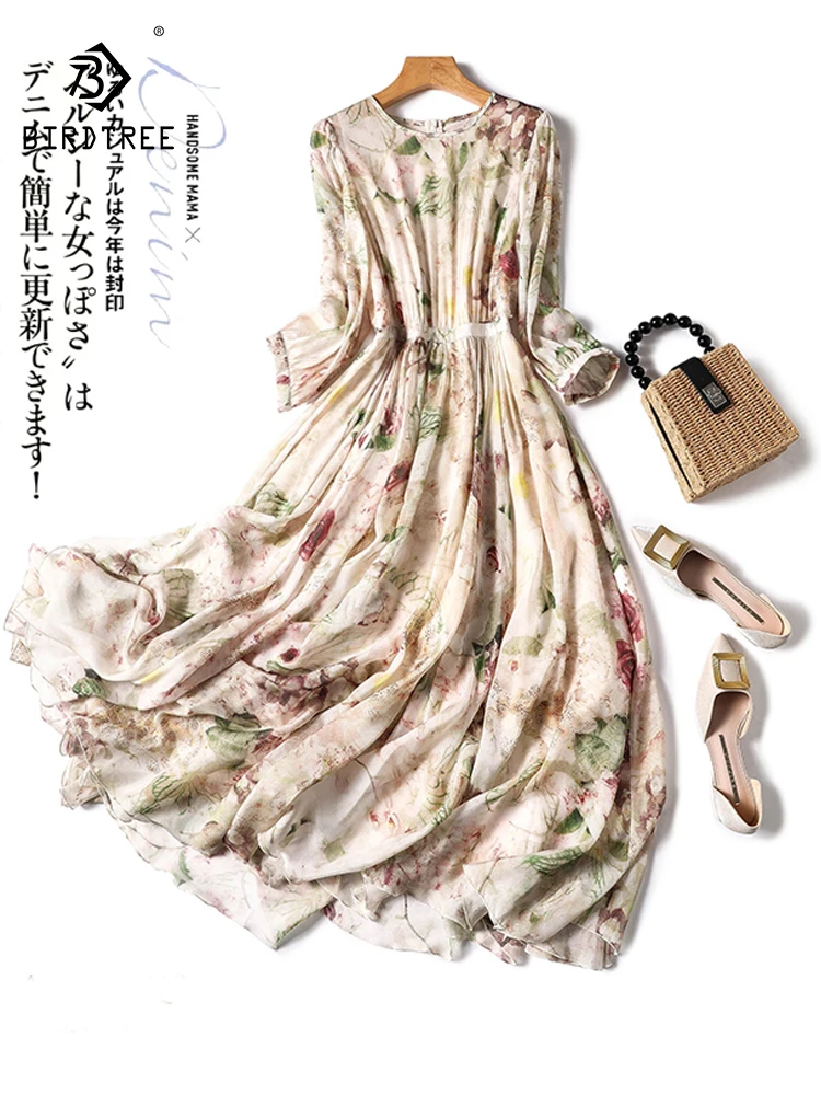 

Birdtree Maxi Dresses Women Print Natural Silk Summer Dress Women Vestido Evening Dresses A-LINE Zipper Floor-Length D36914QC