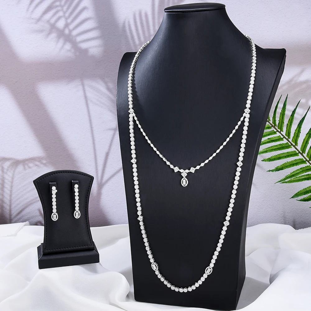 Missvikki Luxury 2PCS Long Double Layer Pendant Necklace Earrings Jewelry Set Original Fashion Accessories for Women Bridal