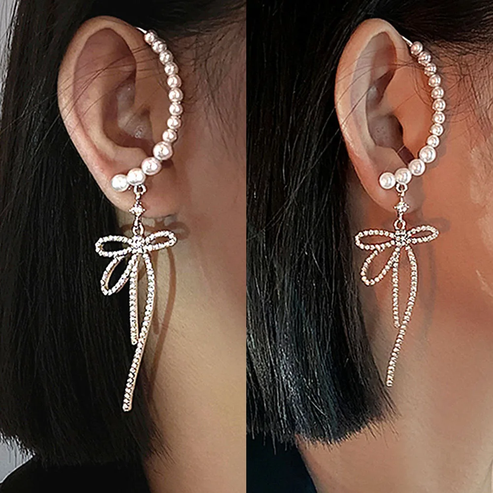 

2022 1PCS New Elegant Bow Earrings Rhinestone Pearl Ear Bone Clip Without Ear Hole Sweet For Women Ear Cuff Jewelry