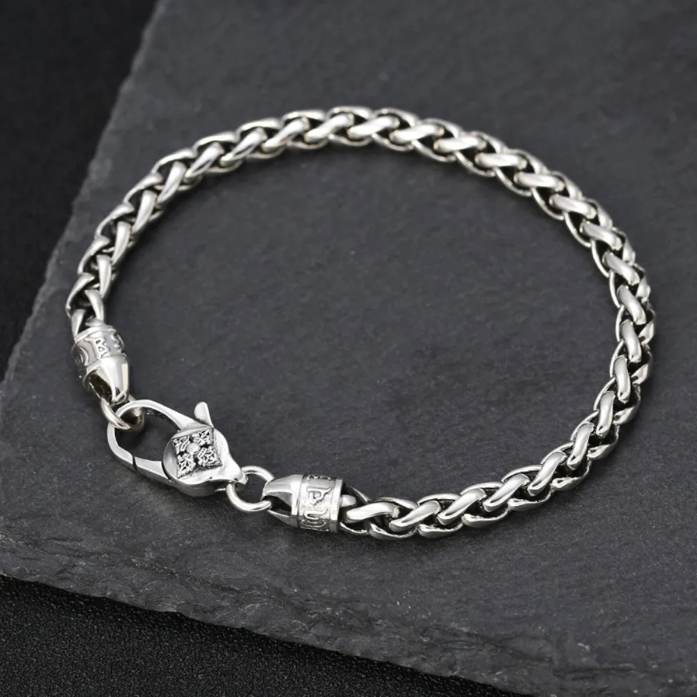 

Pure S925 Sterling Silver Lucky 5mmW Wheat Foxtail Chain Six-word Motto Bracelet Men Gift