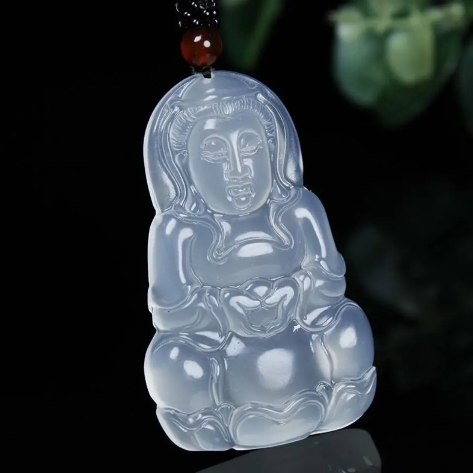 

Natural White Chalcedony Jade Guanyin Pendant With Rope Chain Charms Necklace Women Men Certified Jades Stone Lucky Amulet Gifts