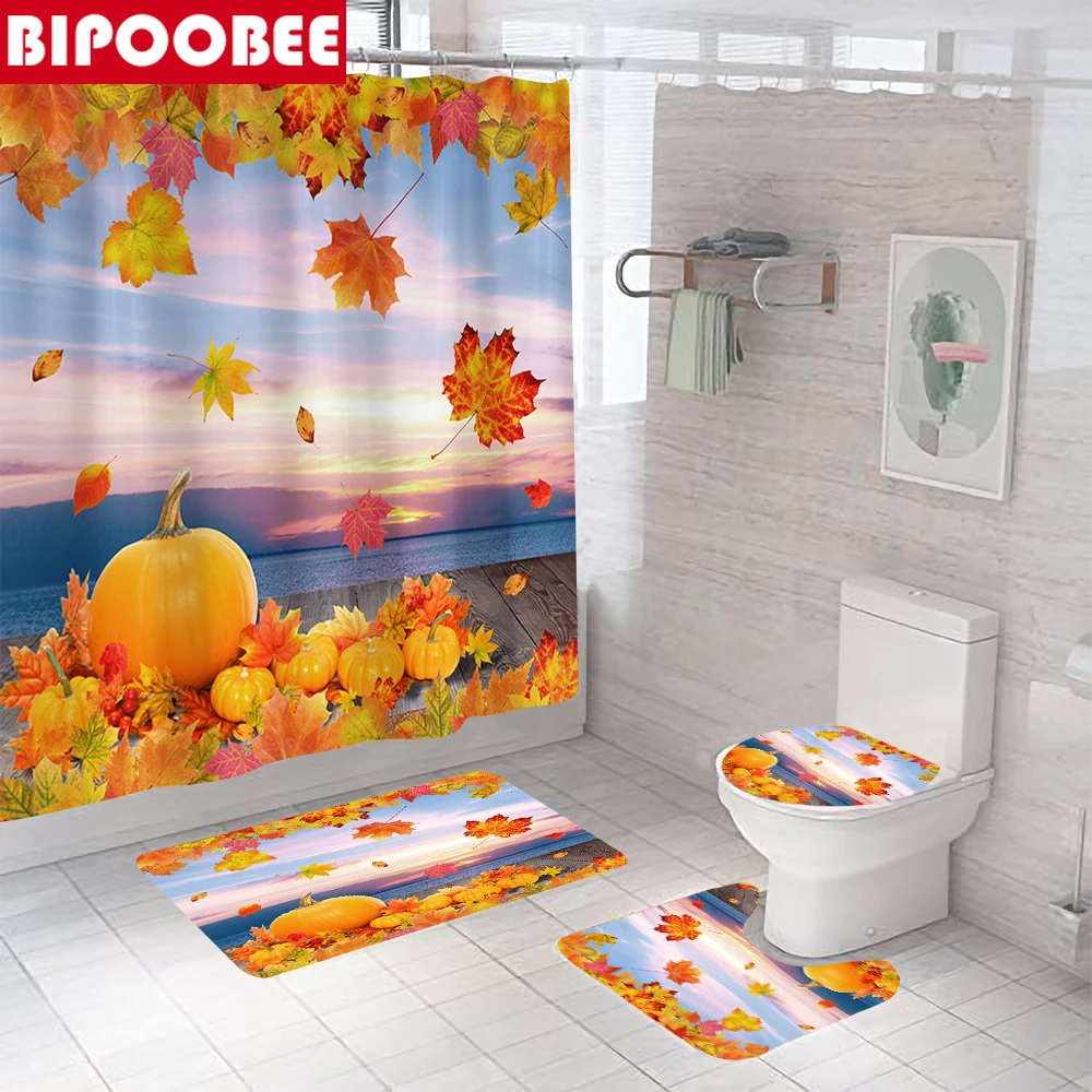 

Fall Shower Curtains Autumn Maple Leaf Pumpkin Bathroom Curtain Bath Mats Rugs Toilet Cover Lid Non-Slip Carpet Home Decor