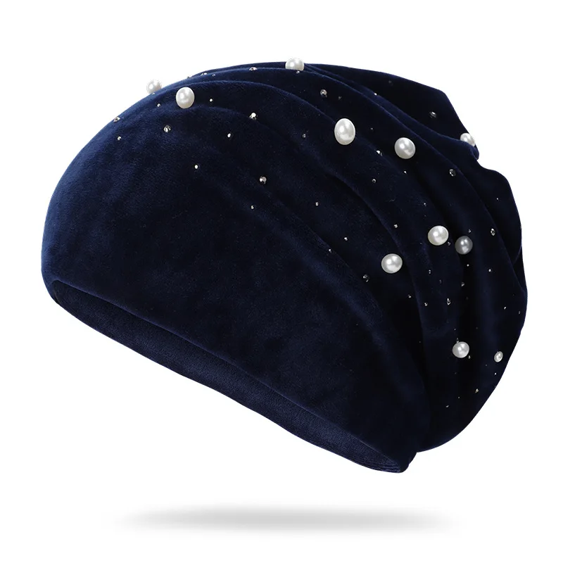 

Зимние облегающие шапки, теплые блестящие однотонные женские шапочки, облегающие шапки, женская шапка с жемчугом, мягкие шапки из бархатной ткани для женщин